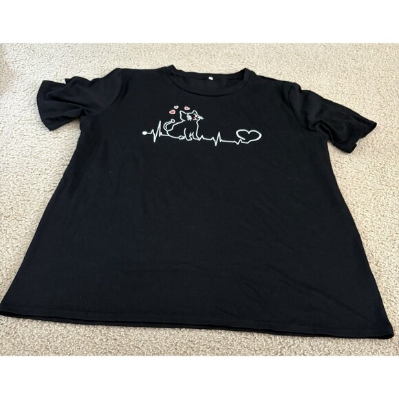 Unbranded Tops - Black Cat Heartbeat Graphic T-Shirt Women’s Plus Size 2XL Cat Lover Short Sleeve